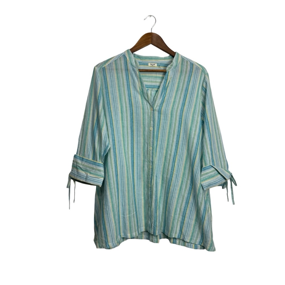 Symple blue white yellow stripe tunic button front tie sleeve‎ linen blend Large